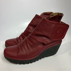 Fly London Yomi wedge ankle boots red leather size 39 8.5 punk casual modern